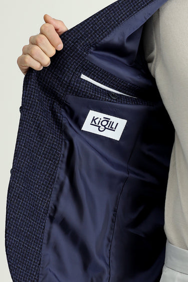 Koyu Lacivert Regular Fit Yünlü Kareli Ceket