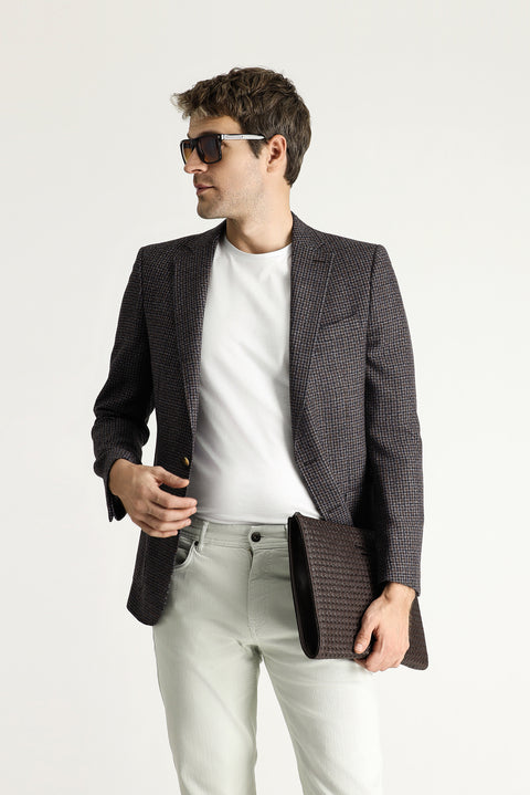 Koyu Kahve 6 Drop Regular Fit Standart Kesim Yünlü Kareli Ceket