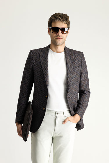 Koyu Kahve Regular Fit Yünlü Kareli Ceket