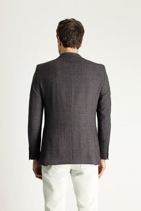 Koyu Kahve 6 Drop Regular Fit Standart Kesim Yünlü Kareli Ceket