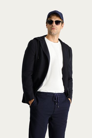 Siyah Lacivert Super Slim Fit Ekstra Dar Kesim Kapüşonlu Spor Örme Ceket