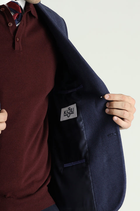 Açık Lacivert 6 Drop Regular Fit Standart Kesim Yünlü Desenli Klasik Ceket