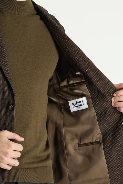 Koyu Kahve 6 Drop Regular Fit Standart Kesim Yünlü Desenli Klasik Ceket
