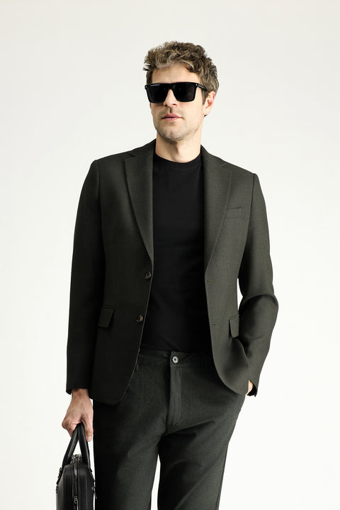 Koyu Haki 6 Drop Regular Fit Standart Kesim Yünlü Desenli Klasik Ceket