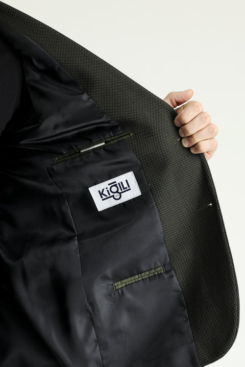 Koyu Haki 6 Drop Regular Fit Standart Kesim Yünlü Desenli Klasik Ceket