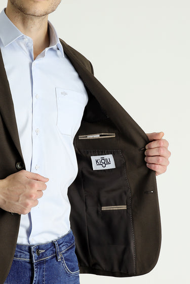 Koyu Kahve Super Slim Fit Ekstra Dar Kesim Klasik Desenli Ceket