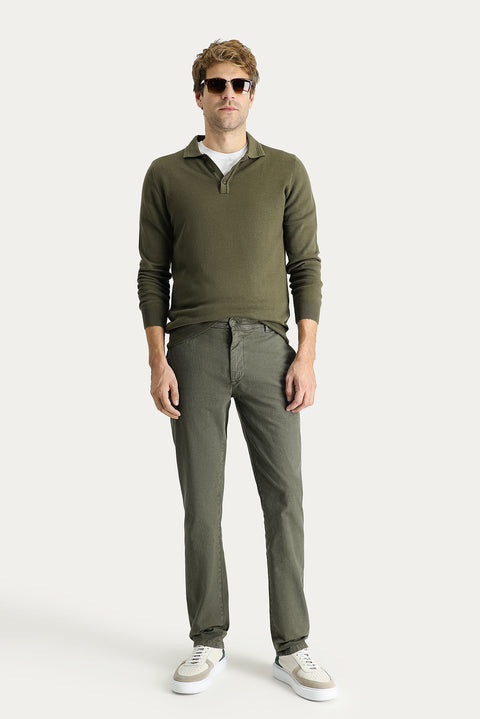 Oil Green-Olive Slim Fit Stretch Canvas / Chino Trousers