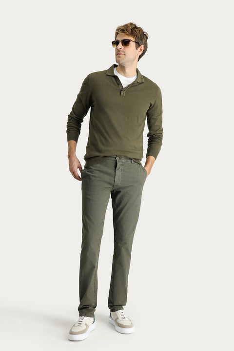 Oil Green-Olive Slim Fit Stretch Canvas / Chino Trousers