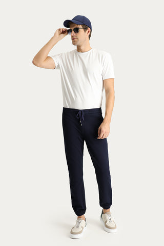  Koyu Lacivert Slim Fit Dar Kesim Beli Lastikli İpli Likralı Pantolon