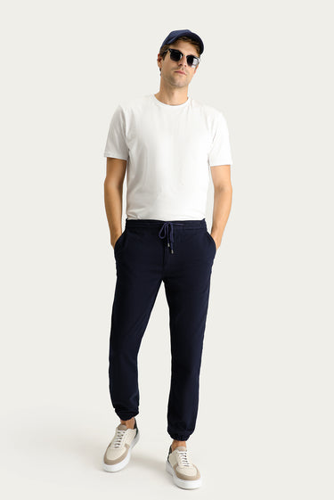  Koyu Lacivert Slim Fit Dar Kesim Beli Lastikli İpli Likralı Pantolon