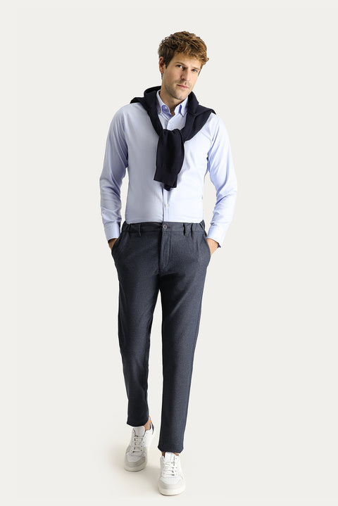 Koyu Lacivert Slim Fit Dar Kesim Desenli Beli Lastikli Likralı Kanvas / Chino Pantolon