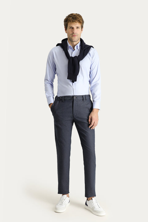 Koyu Lacivert Slim Fit Dar Kesim Desenli Beli Lastikli Likralı Kanvas / Chino Pantolon
