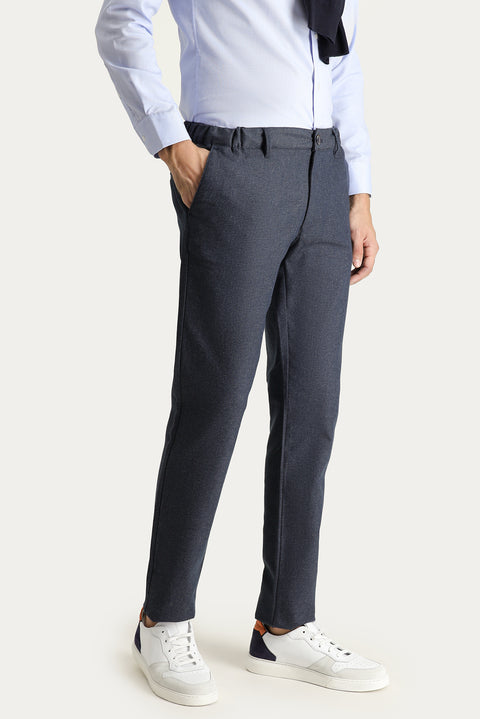 Koyu Lacivert Slim Fit Dar Kesim Desenli Beli Lastikli Likralı Kanvas / Chino Pantolon