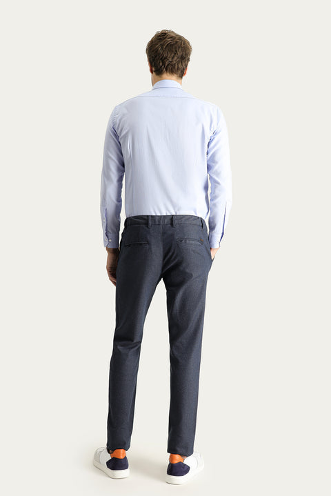 Koyu Lacivert Regular Fit Standart Kesim Desenli Beli Lastikli Likralı Kanvas / Chino Pantolon