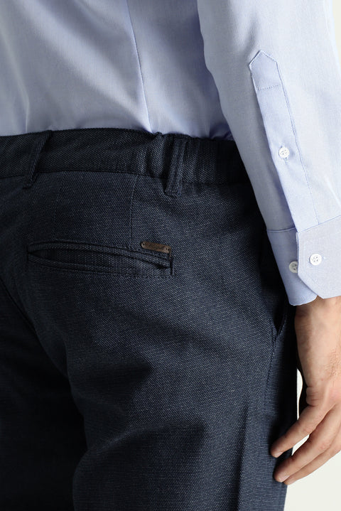 Koyu Lacivert Regular Fit Standart Kesim Desenli Beli Lastikli Likralı Kanvas / Chino Pantolon