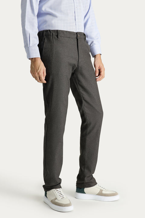 Koyu Kahve Regular Fit Standart Kesim Desenli Beli Lastikli Likralı Kanvas / Chino Pantolon