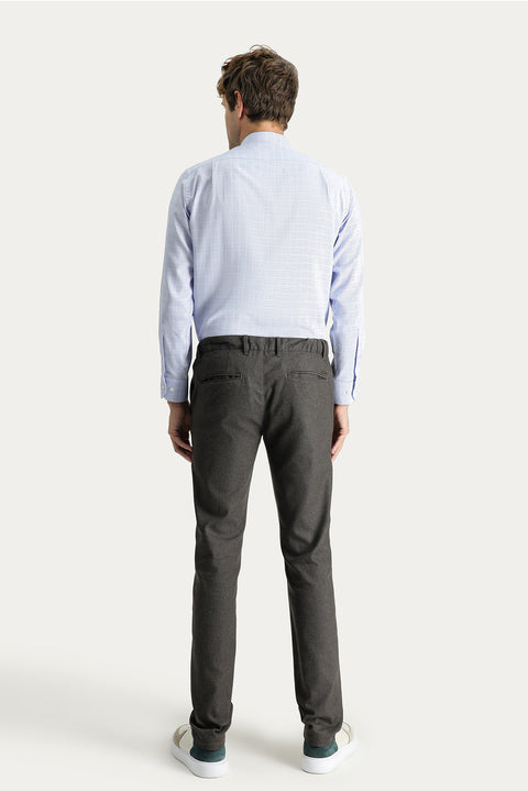 Dark Brown Slim Fit Patterned Elastic Waist Stretchy Canvas / Chino Pants