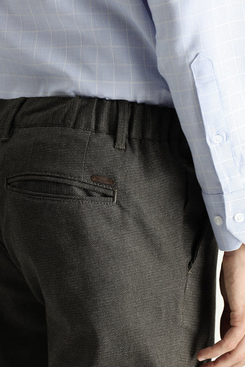 Dark Brown Slim Fit Patterned Elastic Waist Stretchy Canvas / Chino Pants