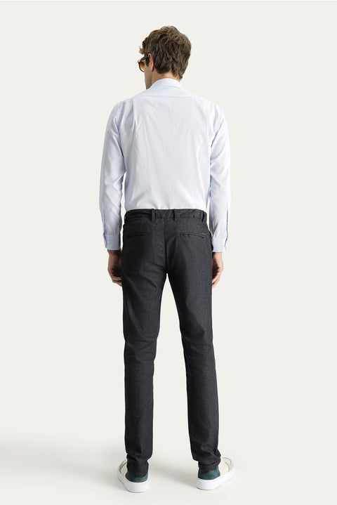 Koyu Antrasit Slim Fit Dar Kesim Desenli Beli Lastikli Likralı Kanvas / Chino Pantolon