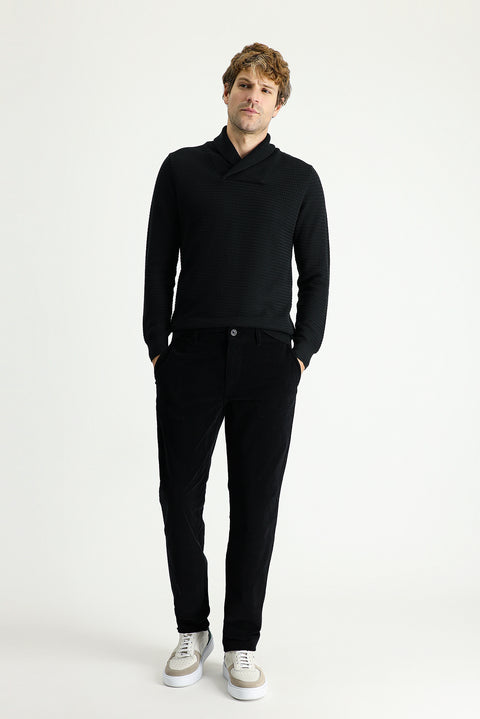 Siyah 6 Drop Regular Fit Standart Kesim Likralı Kadife Pantolon