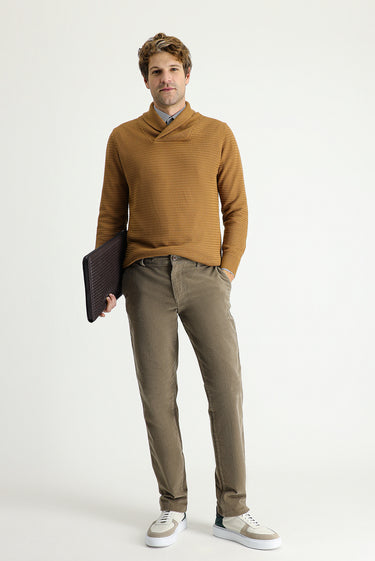 Koyu Bej 7 Drop Slim Fit Dar Kesim Likralı Kadife Pantolon