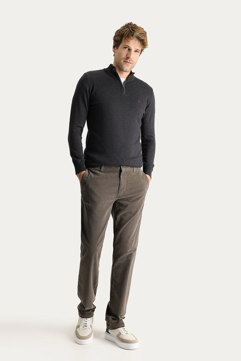 Dark Khaki Relaxed Fit Stretch Velvet Trousers