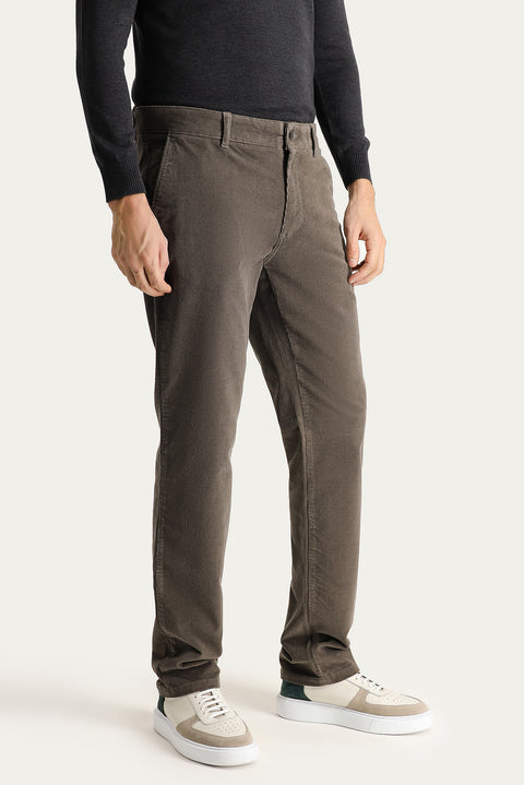 Light Khaki Slim Fit Stretch Velvet Trousers