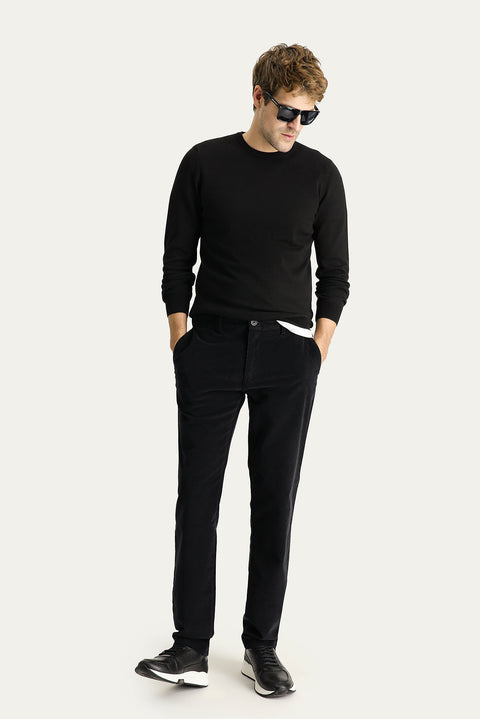 Black Slim Fit Narrow Cut Lycra Velvet Trousers
