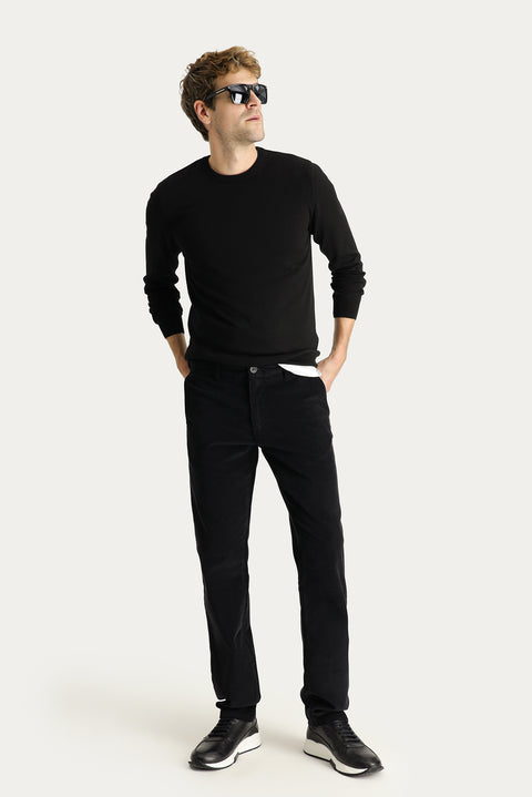 Siyah Regular Fit Standart Kesim Likralı Kadife Pantolon