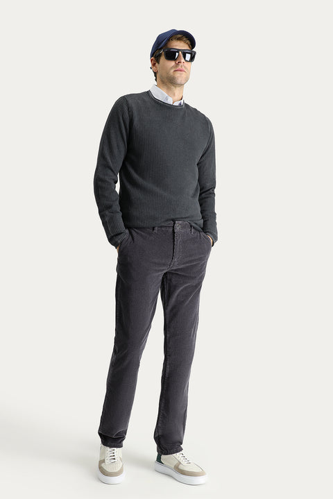 Koyu Füme Slim Fit Dar Kesim Likralı Kadife Pantolon