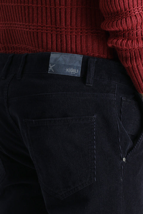 Koyu Lacivert 6 Drop Regular Fit Standart Kesim Likralı Kadife Pantolon