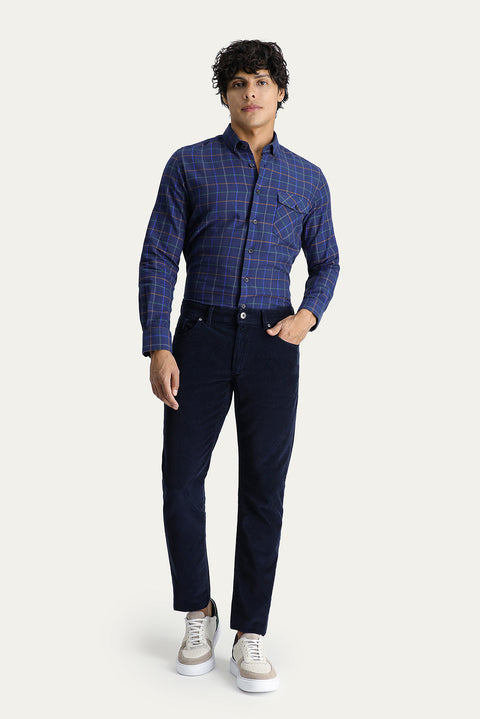 Orta Lacivert 7 Drop Slim Fit Dar Kesim Likralı Kadife Pantolon