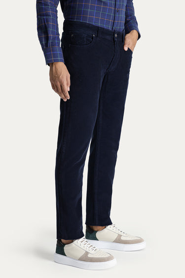 Orta Lacivert Slim Fit Dar Kesim Likralı Kadife Pantolon