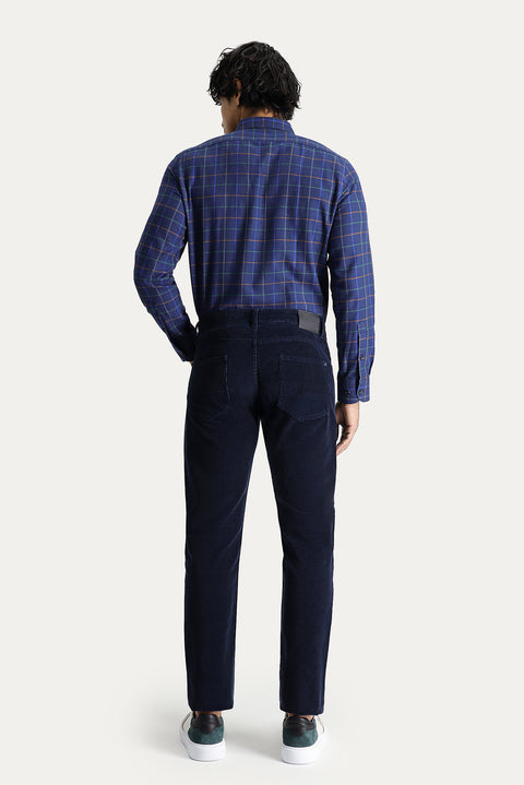 Orta Lacivert 7 Drop Slim Fit Dar Kesim Likralı Kadife Pantolon