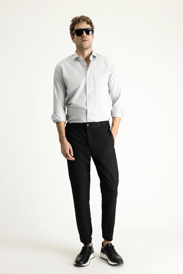 Siyah Slim Fit Dar Kesim Beli Lastikli Likralı Kanvas / Chino Pantolon