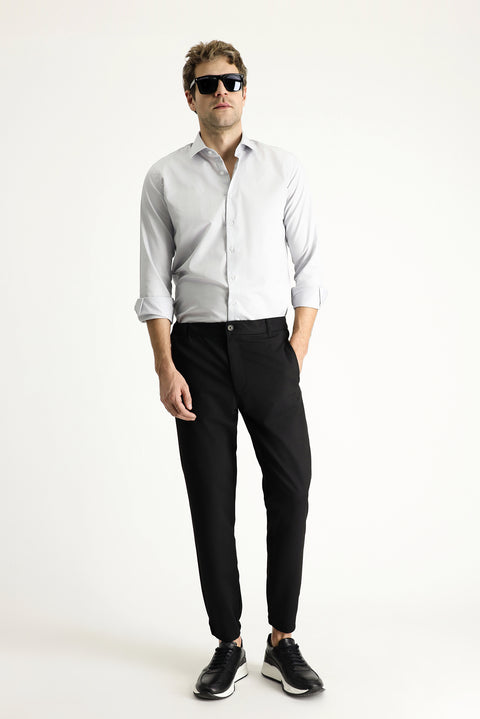 Siyah 7 Drop Slim Fit Dar Kesim Beli Lastikli Likralı Kanvas / Chino Pantolon