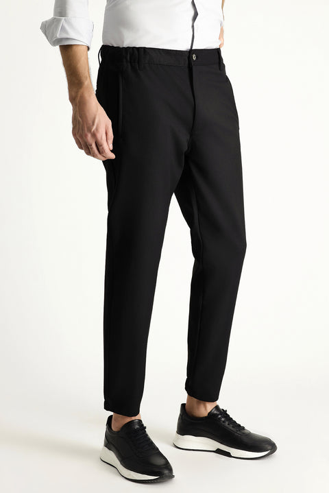 Siyah 7 Drop Slim Fit Dar Kesim Beli Lastikli Likralı Kanvas / Chino Pantolon