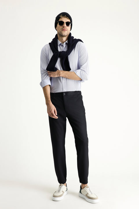 Koyu Lacivert 7 Drop Slim Fit Dar Kesim Beli Lastikli Likralı Kanvas / Chino Pantolon