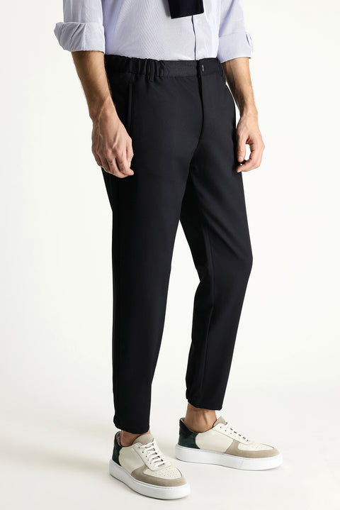 Koyu Lacivert 7 Drop Slim Fit Dar Kesim Beli Lastikli Likralı Kanvas / Chino Pantolon