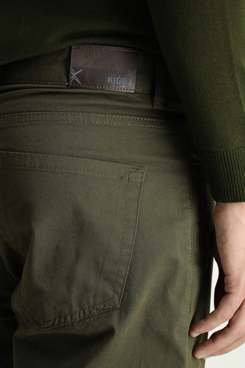 Yağ Yeşili-Olive 6 Drop Regular Fit Standart Kesim Likralı Kanvas / Chino Pantolon