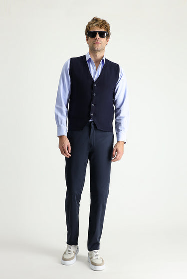Koyu Lacivert Regular Fit Likralı Saten Kanvas / Chino Pantolon