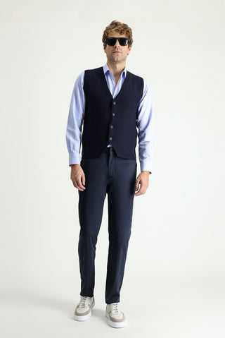  Koyu Lacivert Slim Fit Dar Kesim Likralı Saten Kanvas / Chino Pantolon