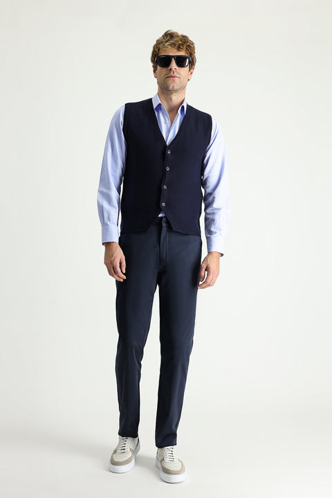 Koyu Lacivert Regular Fit Standart Kesim Likralı Saten Kanvas / Chino Pantolon