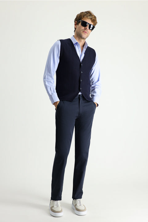 Koyu Lacivert Regular Fit Standart Kesim Likralı Saten Kanvas / Chino Pantolon