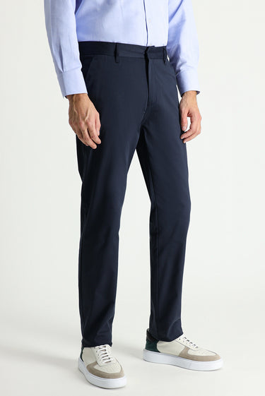 Koyu Lacivert Slim Fit Dar Kesim Likralı Saten Kanvas / Chino Pantolon