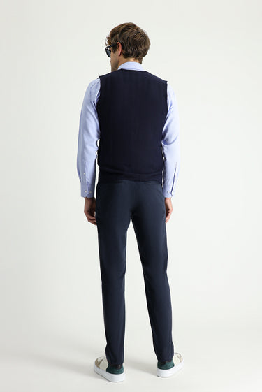  Koyu Lacivert Slim Fit Dar Kesim Likralı Saten Kanvas / Chino Pantolon