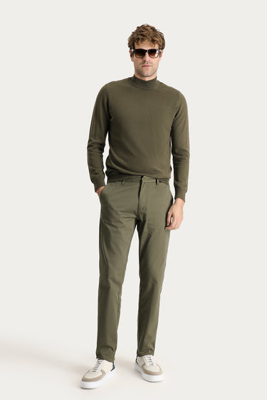 Yağ Yeşili-Olive Regular Fit Likralı Saten Kanvas / Chino Pantolon
