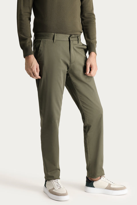 Olive Green - Olive Relaxed Fit Stretchy Sateen Canvas / Chino Trousers