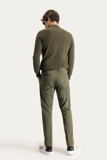 Yağ Yeşili-Olive Regular Fit Likralı Saten Kanvas / Chino Pantolon