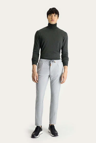 Açık Gri Slim Fit Dar Kesim Beli Lastikli İpli Desenli Likralı Pantolon